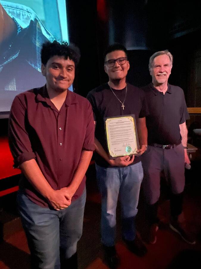 Award-wining filmmakers Maceo Pearson and Ernesto Suarez with Bisbee mayor Ken Budge, opening night at the 3rd annual Royale Film Festival. (Photo by Brianna Young.)